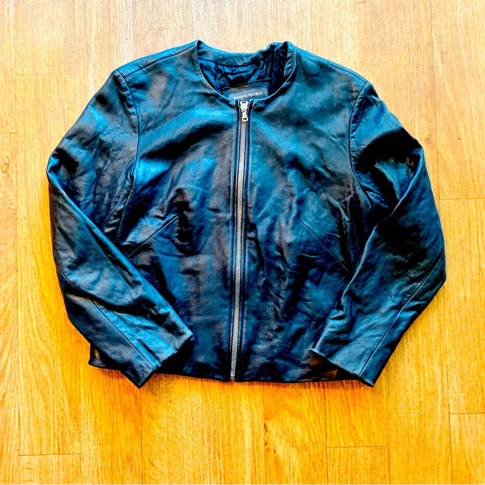 Banana Republic Black Leather Full Zip Winter Cold Weather Jacket Size M